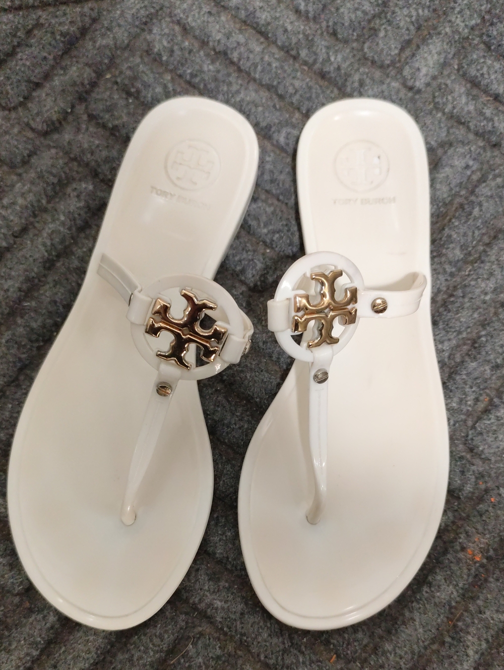 Tory Burch White Jelly Logo Thong Sandals with Gold Emblem